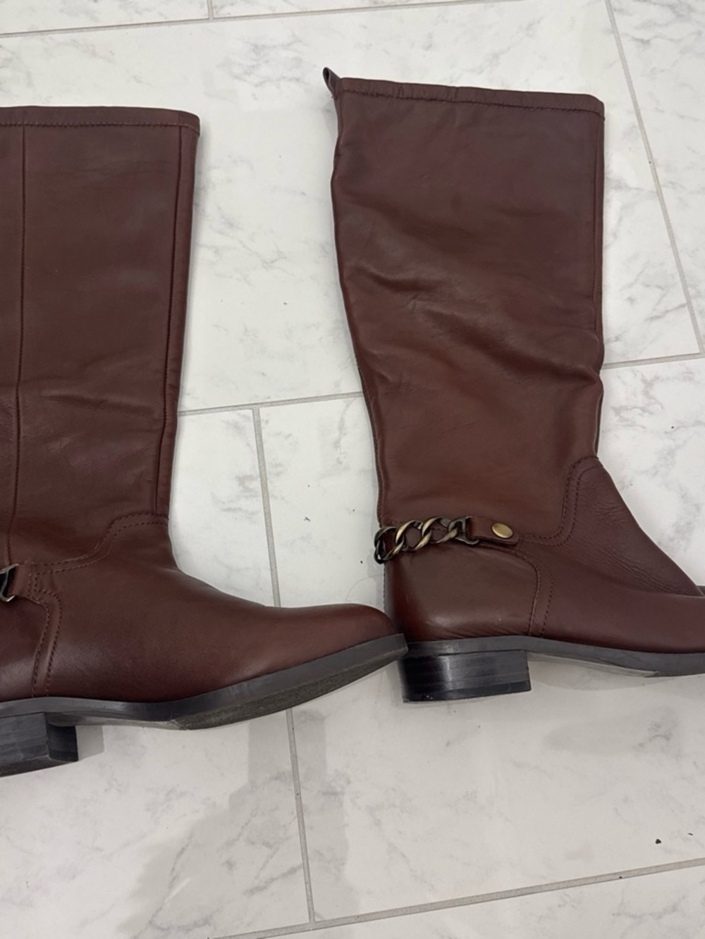 Women's Brown Leather Mid-Calf Riding Boots with Chain Detail